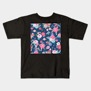 Pink Girly Floral Flowers, Pretty Feminine Pattern on Blue Background Kids T-Shirt